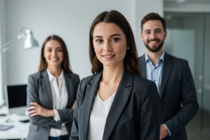 Confident businesswoman with team in modern office setting, representing professional registered agent services